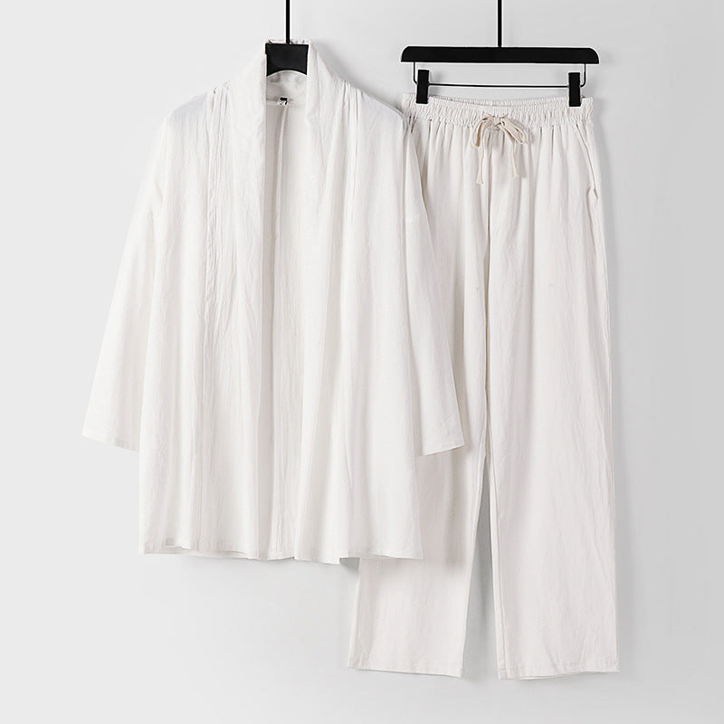 Unisex Casual Kimono Two-Piece Set made of breathable linen-viscose with open shawl collar and drawstring pants Mune Fashion