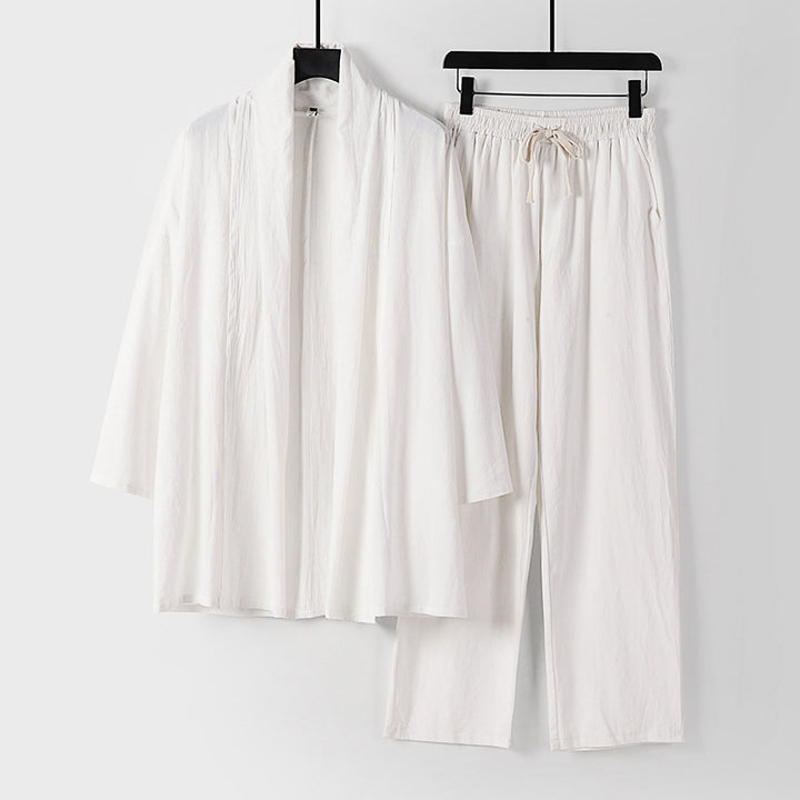Unisex Casual Kimono Two-Piece Set made of breathable linen-viscose with open shawl collar and drawstring pants Mune Fashion