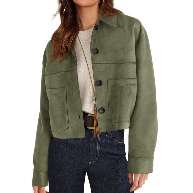 Women's short suede-look jacket with patch pockets and shirt collar Mune Fashion