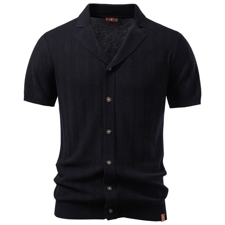 Men's short sleeve knitted cardigan with lapel collar and fine textured knit Mune Fashion