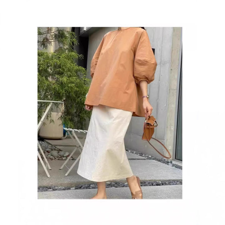 Women's Loose Cotton Blouse with 3/4 Balloon Sleeves and Rounded Hem Mune Fashion