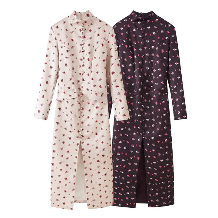 Ladies midi dress with stand-up collar, floral all-over print and concealed button placket Mune Fashion