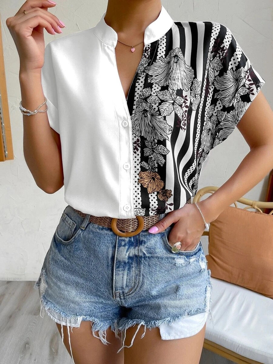 Women’s short sleeve blouse with stand collar and asymmetric stripe-floral print Mune Fashion