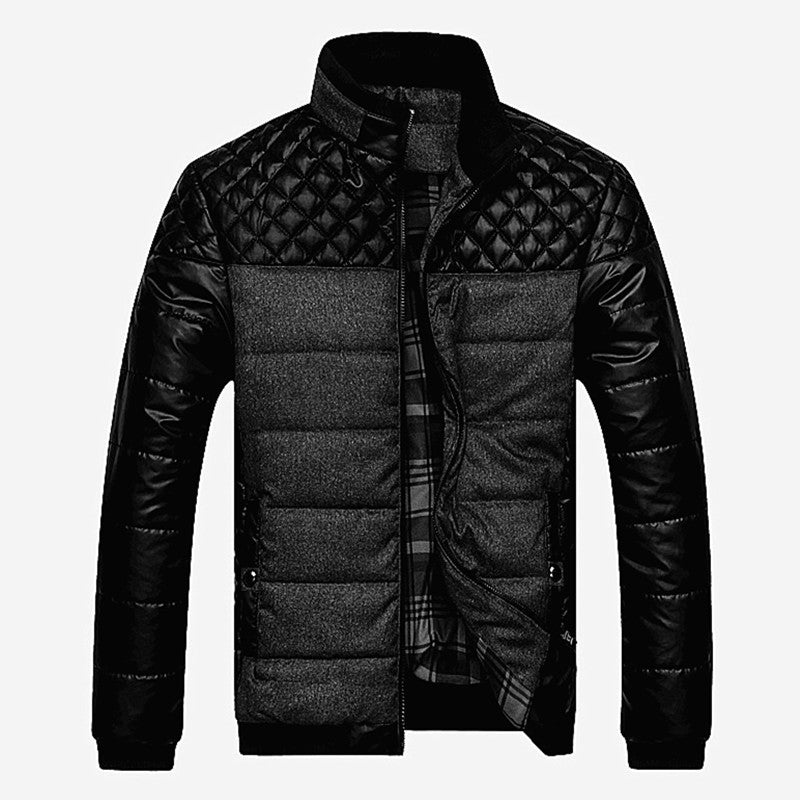 Men's quilted hybrid jacket with faux leather sleeves, high collar, and checked lining Mune Fashion