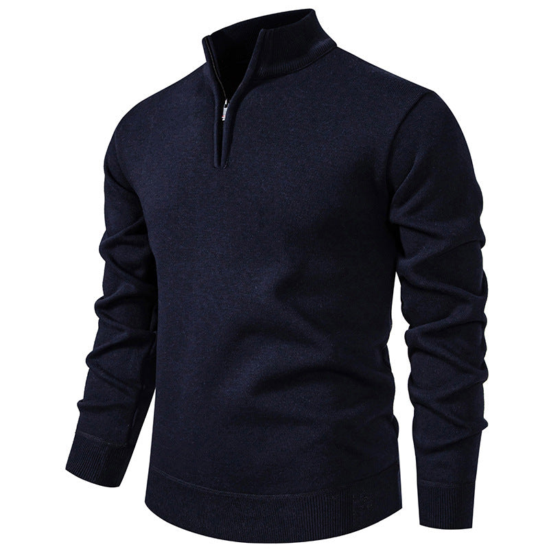 Men's Slim-Fit Fine Knit Sweater with Short Zipper, Stand Collar and Ribbed Hem Mune Fashion