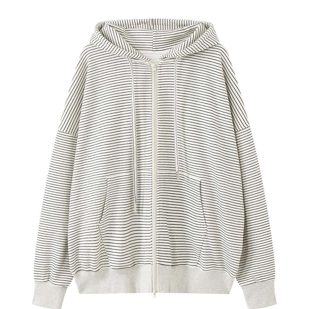 Women's Oversize Hooded Jacket with Zipper and Fine Striped Pattern Mune Fashion