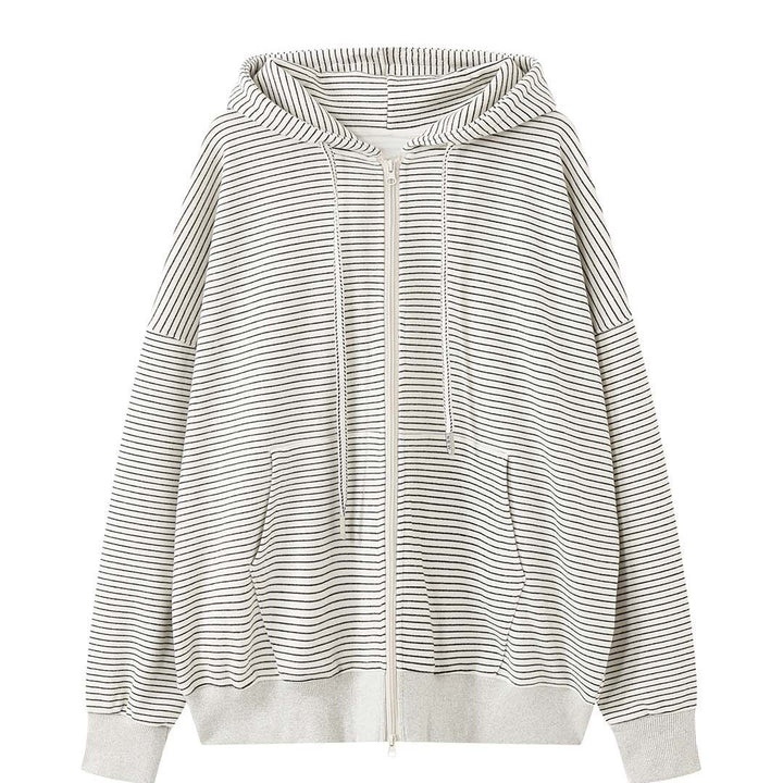 Women's Oversize Hooded Jacket with Zipper and Fine Striped Pattern Mune Fashion