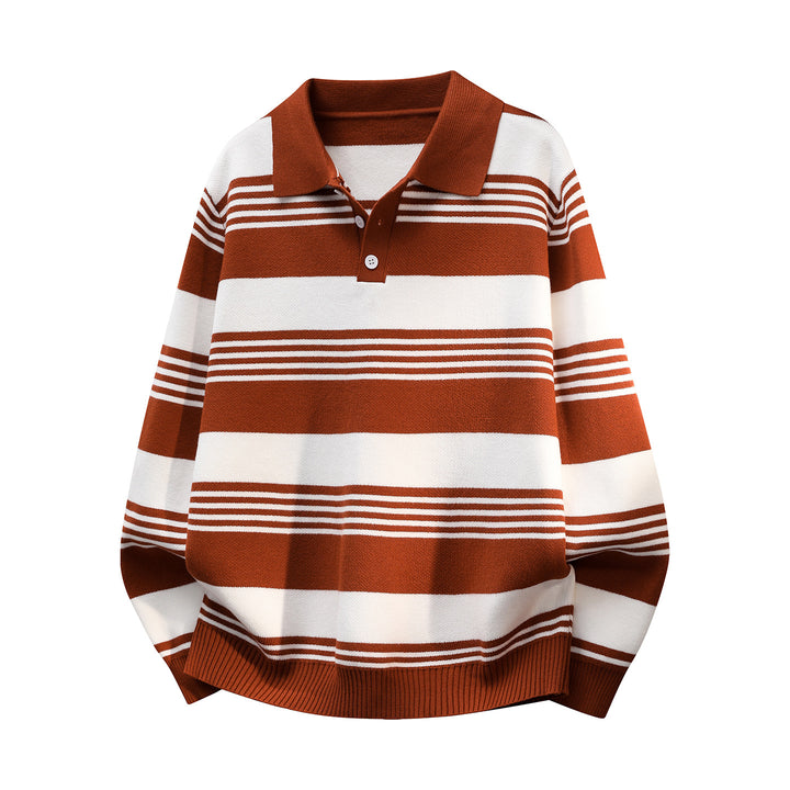 Women's Oversize Long Sleeve Polo Knit Sweater with Retro Stripes and Breast Button Placket Mune Fashion