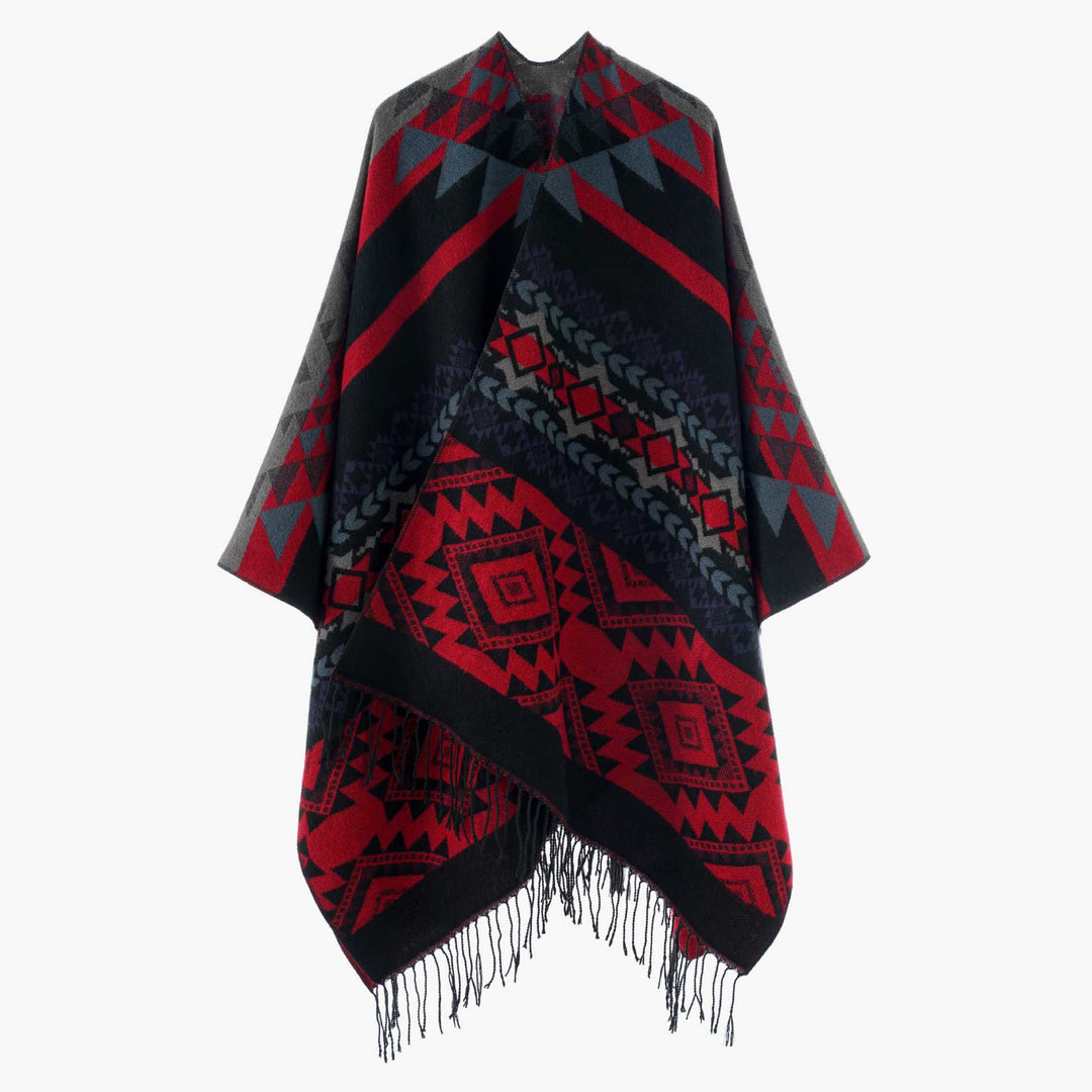 Women's Oversize Jacquard Cape in Ethno Jacquard with Fringing Mune Fashion