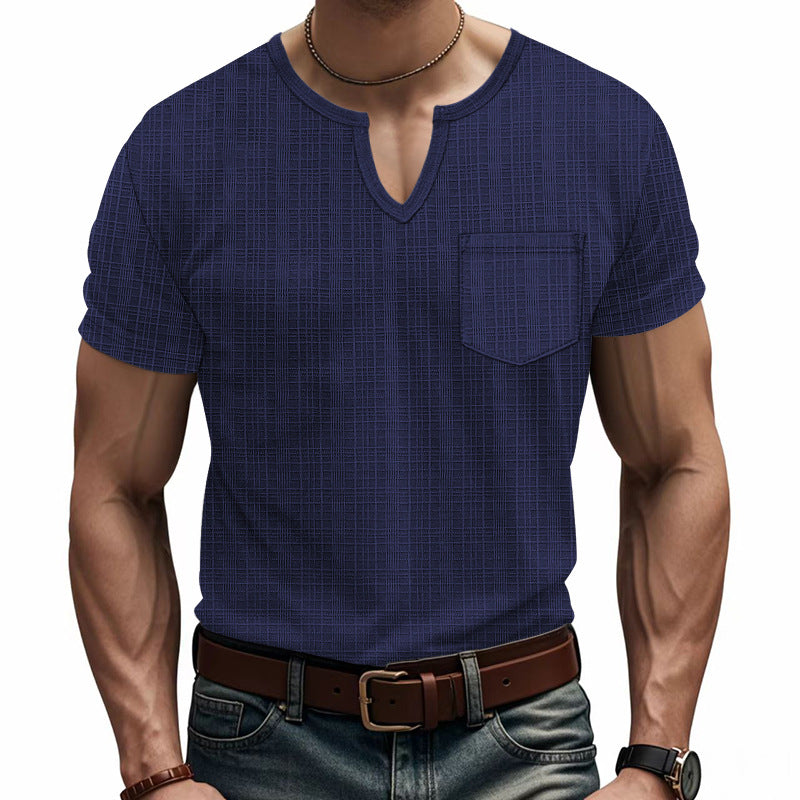Men's short-sleeve shirt with V-slit neckline and patch chest pocket made of textured jersey Mune Fashion