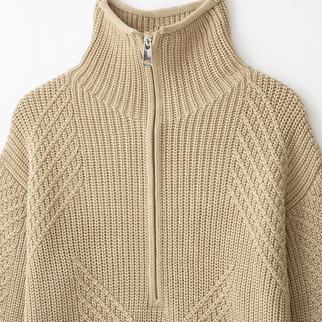 Ladies chunky knit pullover with half zipper and high stand-up collar Mune Fashion