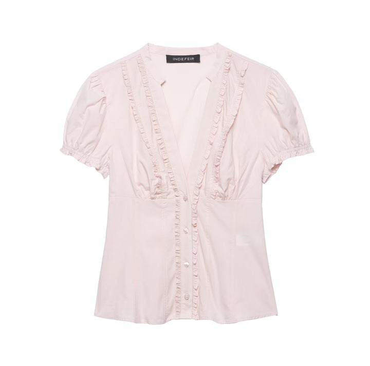 Women's ruffled blouse with V-neck, puff sleeves, and fitted cut Mune Fashion