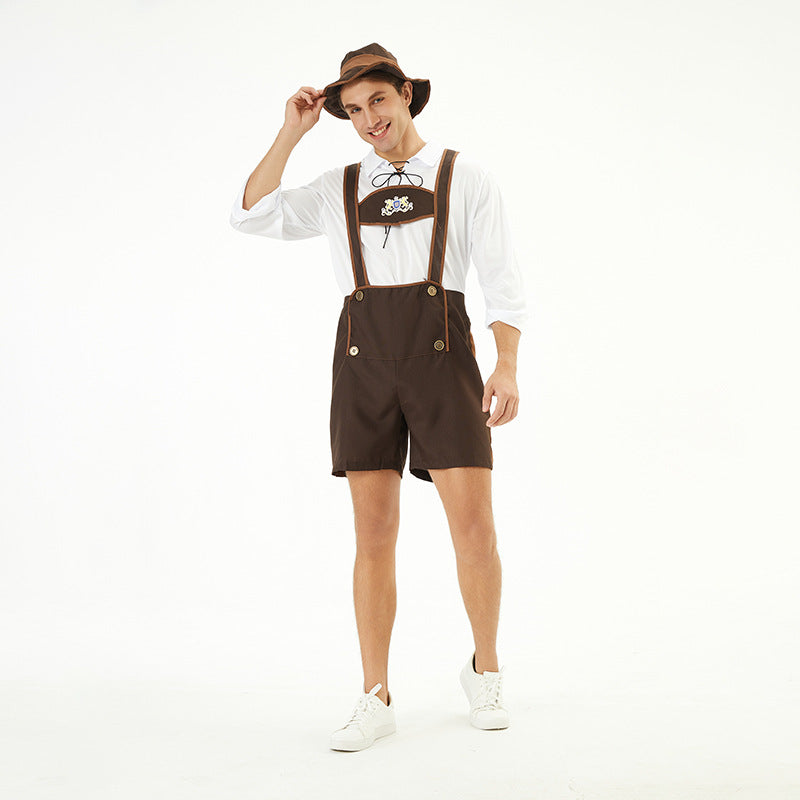Men's traditional short leather pants with adjustable straps and decorative bib Mune Fashion