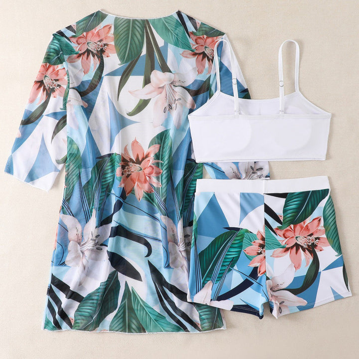 Women's Swimwear Set with Floral Pattern Print and Airy Wrap Jacket Mune Fashion