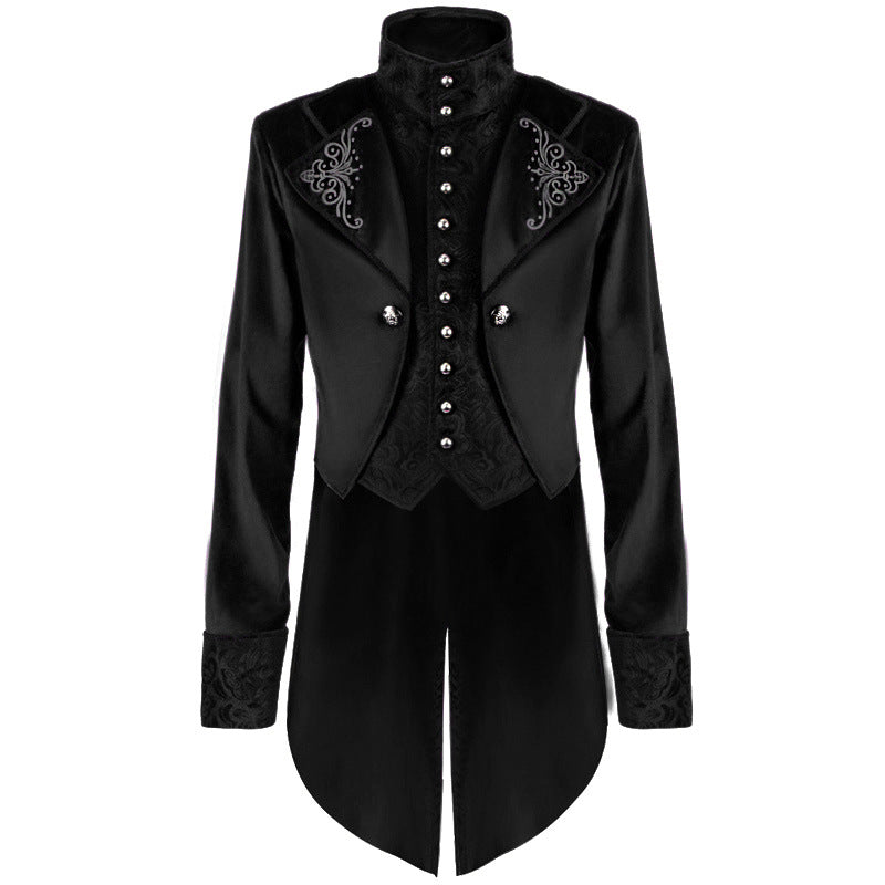 Men's slightly tailored tailcoat with embroidered stand-up collar, velvet trim, and double swallowtail.