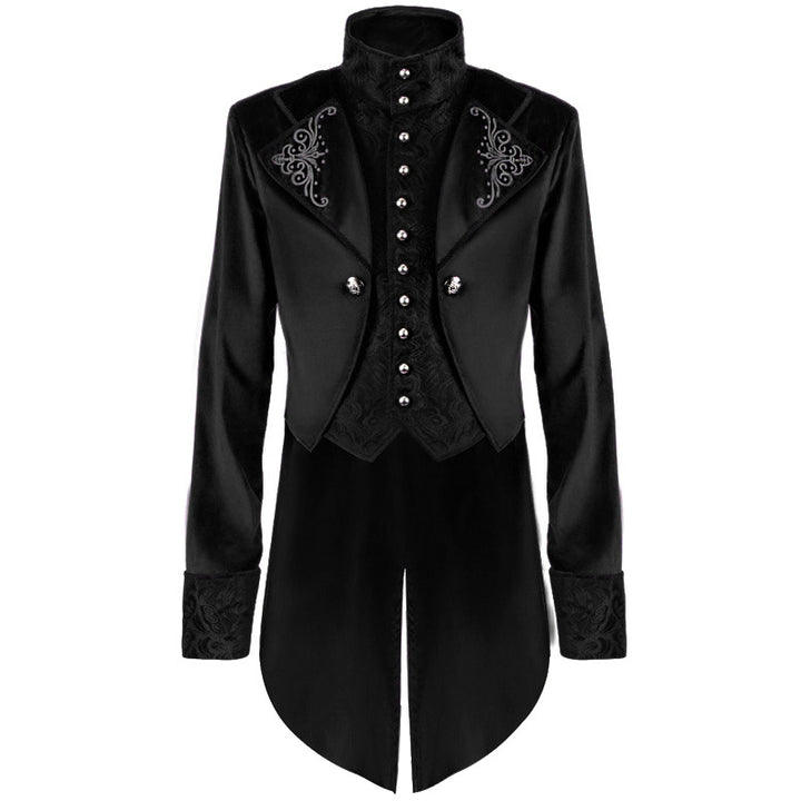Men's slightly tailored tailcoat with embroidered stand-up collar, velvet trim, and double swallowtail.