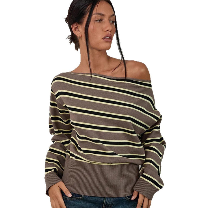 Women's fine knit boatneck pullover with asymmetrical shoulder drop, wide ribbed hem, and casual balloon sleeves Mune Fashion