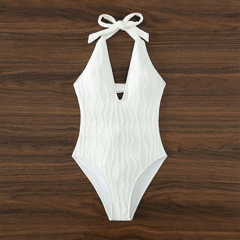 Women's One-Piece Swimsuit with Deep V-Neck and Textured Surface Mune Fashion
