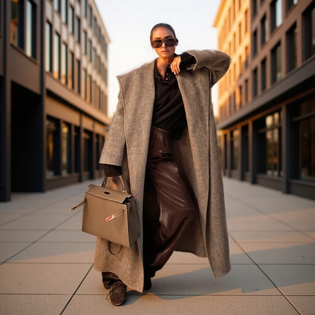 Women's Oversize Wool Blend Coat with Shawl Collar and Casual Maxi Length Mune Fashion