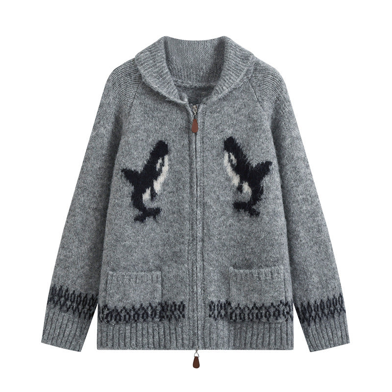 Women’s cardigan with zipper, shawl collar and whale intarsia Mune Fashion