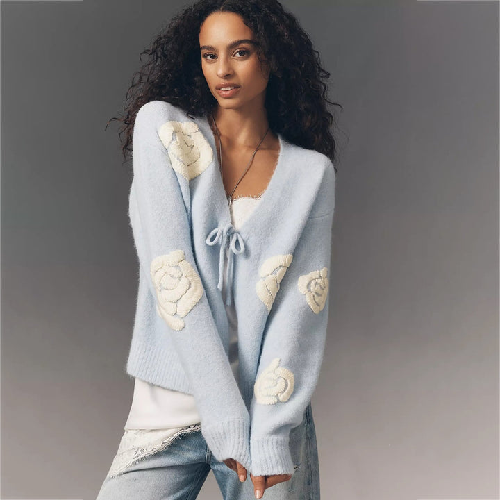 Ladies Cozy Mohair Cardigan with Decorative Flower Applications Mune Fashion