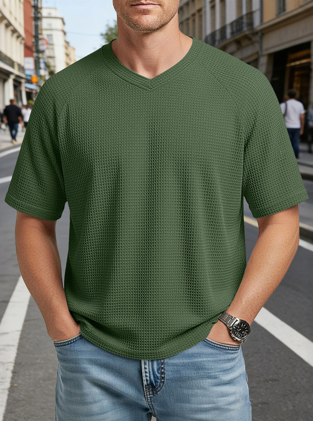 Men's casual V-neck waffle knit T-shirt made of breathable cotton blend Mune Fashion