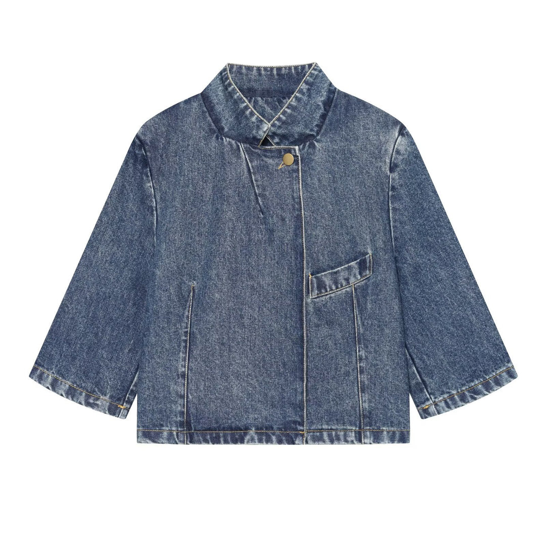 Women's Boxy Cropped Denim Jacket with Stand Collar and Three-Quarter Sleeves Mune Fashion
