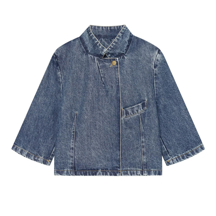Women's Boxy Cropped Denim Jacket with Stand Collar and Three-Quarter Sleeves Mune Fashion