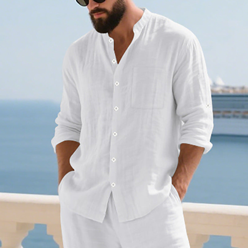 Men's airy linen shirt with stand-up collar, breast pocket, and rollable sleeves Mune Fashion