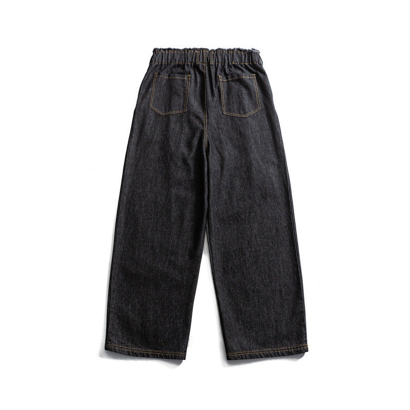 Unisex Wide Denim Pants with Elastic Waistband, Drawstring and Pleated Mune Fashion