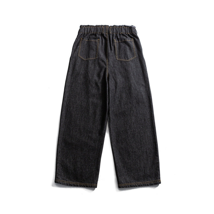 Unisex Wide Denim Pants with Elastic Waistband, Drawstring and Pleated Mune Fashion