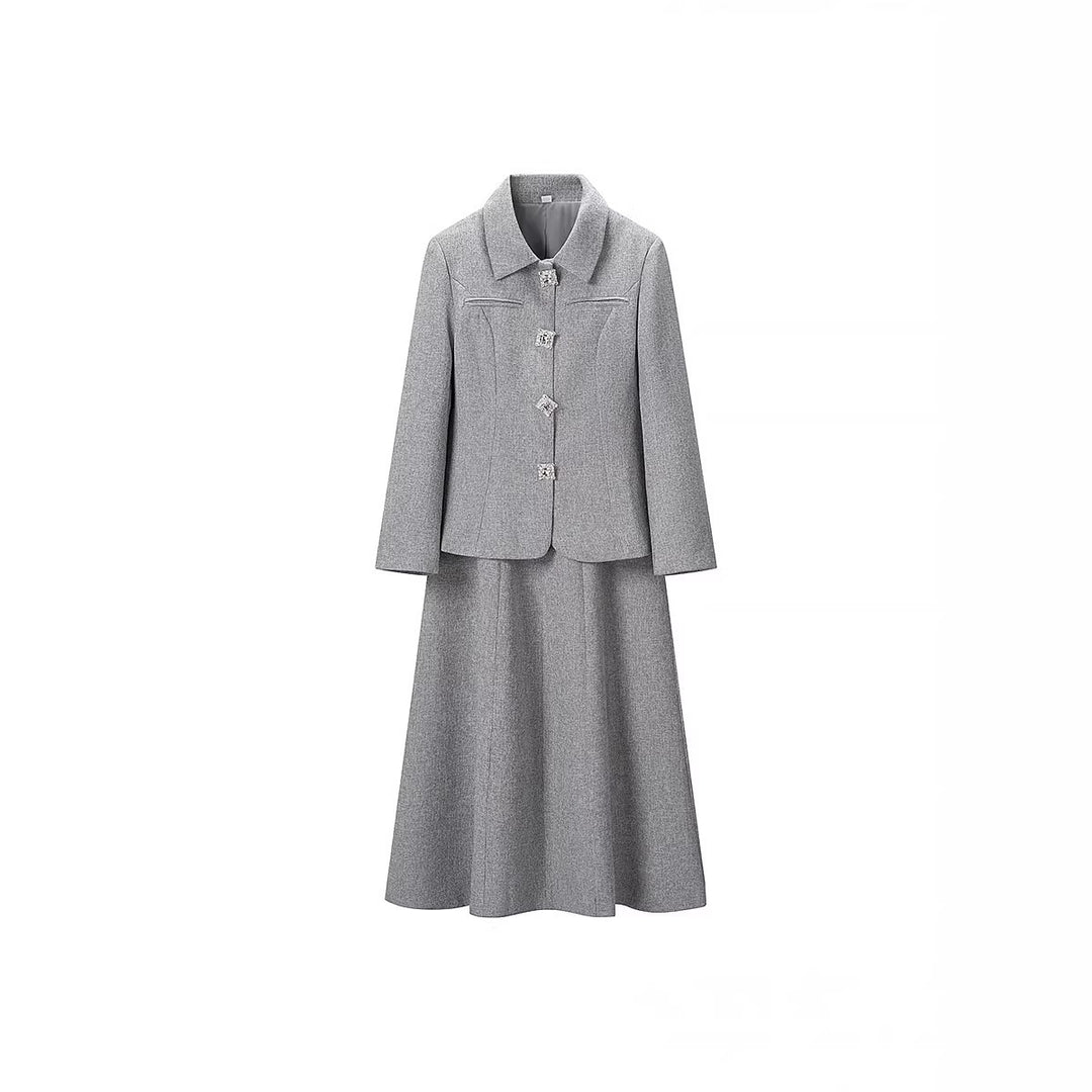Women's Two-Piece Boucle Set Tailored Peplum Blazer and A-Line Midi Skirt Mune Fashion