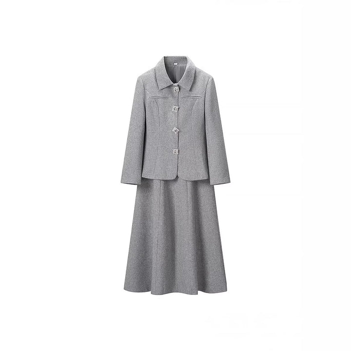 Women's Two-Piece Boucle Set Tailored Peplum Blazer and A-Line Midi Skirt Mune Fashion