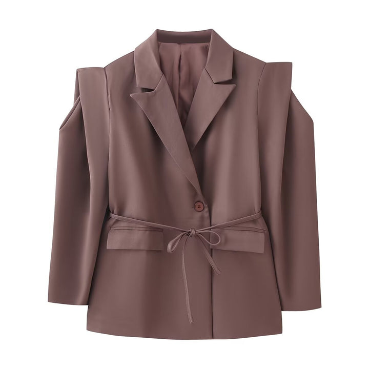 Women's fitted blazer with tie belt, lapel collar and shoulder pads Mune Fashion