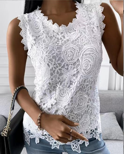 Women's lace top with V-neck, tailored silhouette and romantic wave hem Mune Fashion