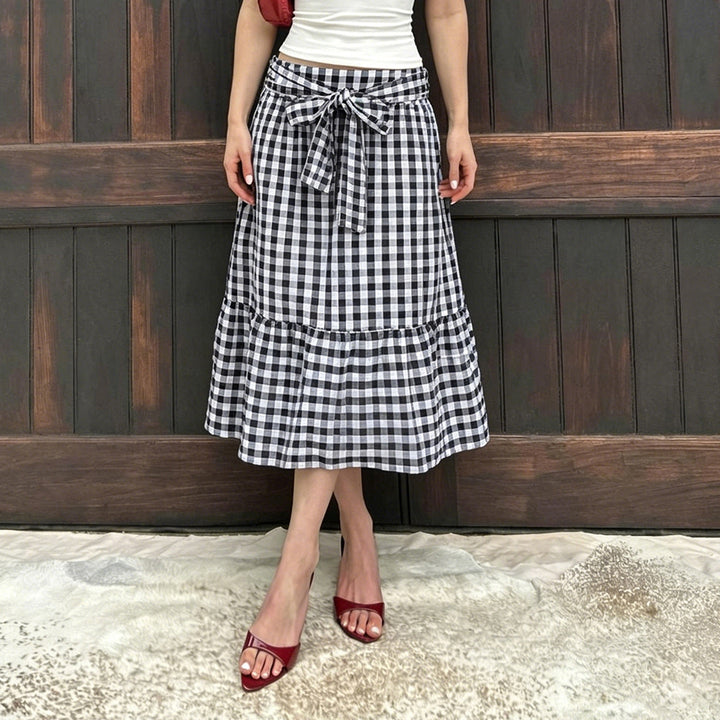 Women's Checked Midi Skirt with High Waist Tie and Tiered Ruffle Mune Fashion