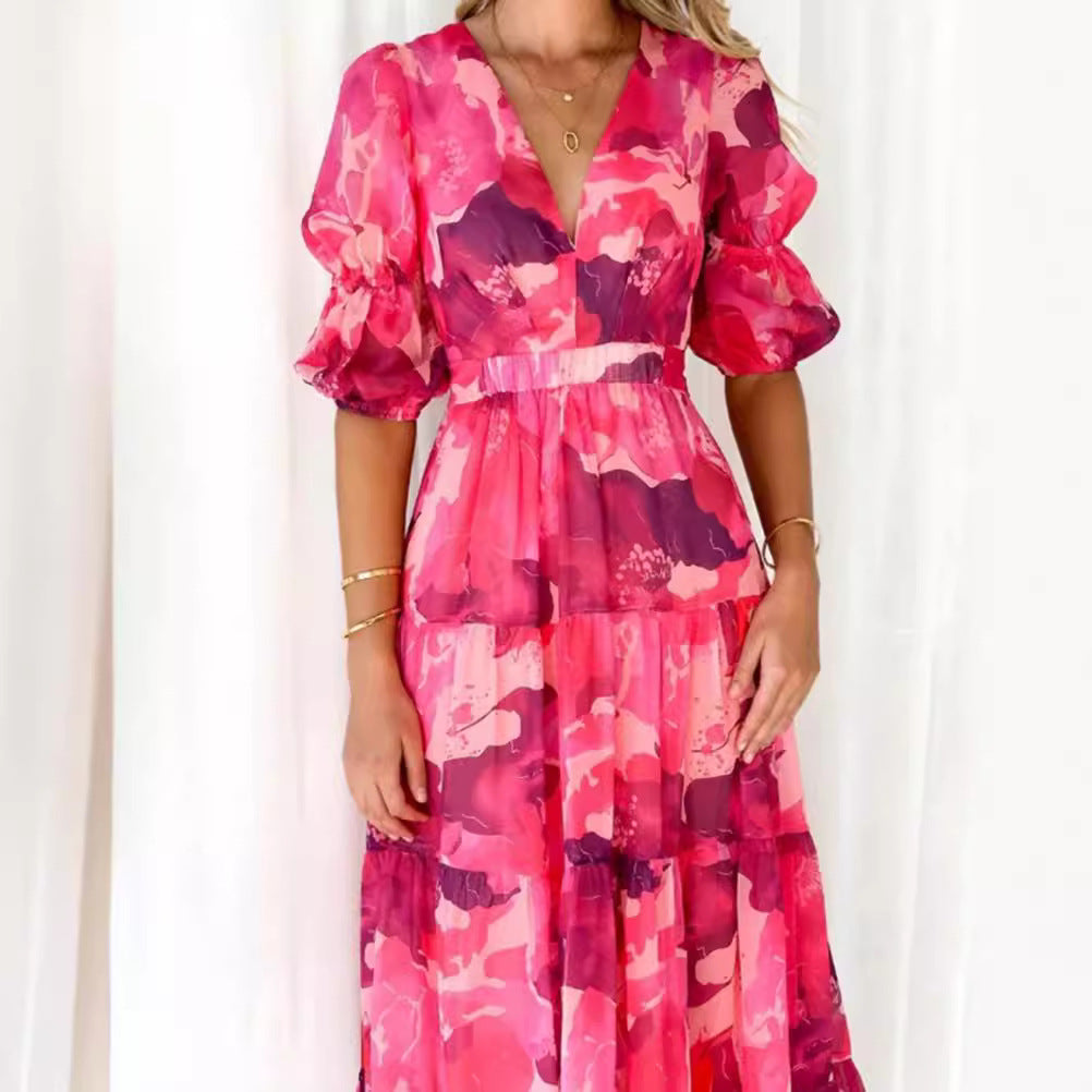 Ladies multi-layered maxi dress in ruffle tiered look with V-neck and gathered empire waist Mune Fashion