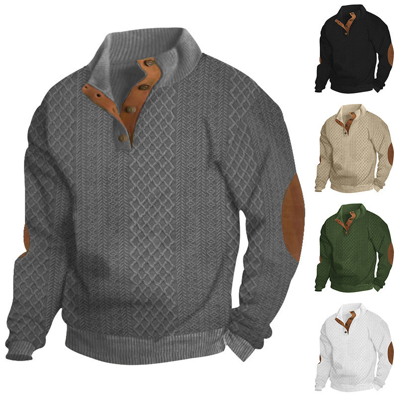Men's Structured Aran Knit Sweater with Half Button Placket Collar and Leather Elbow Patches Mune Fashion