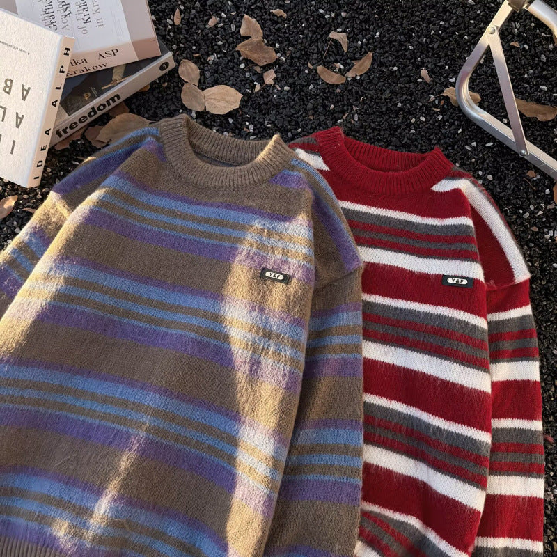 Unisex Striped Oversized Mohair-Look Sweater with Round Neck and Soft Texture Mune Fashion