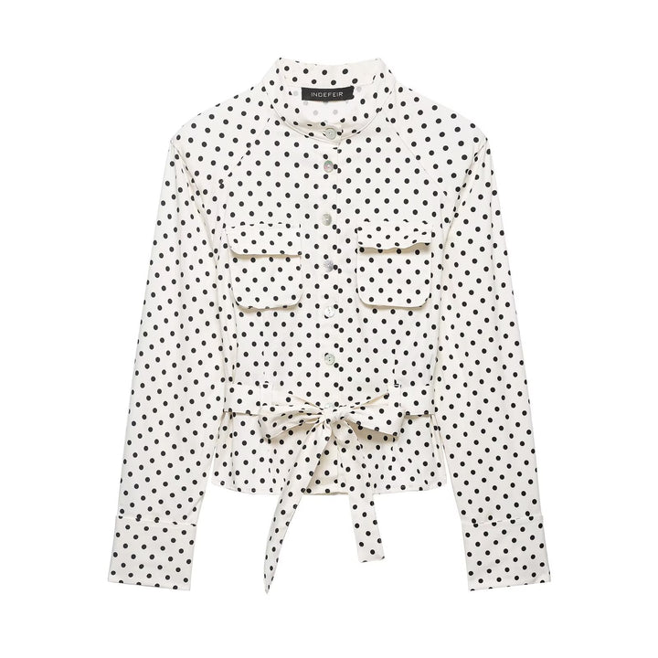 Women's Tailored Blouse Jacket with Stand Collar, Tie Belt and Polka Dot Print Mune Fashion