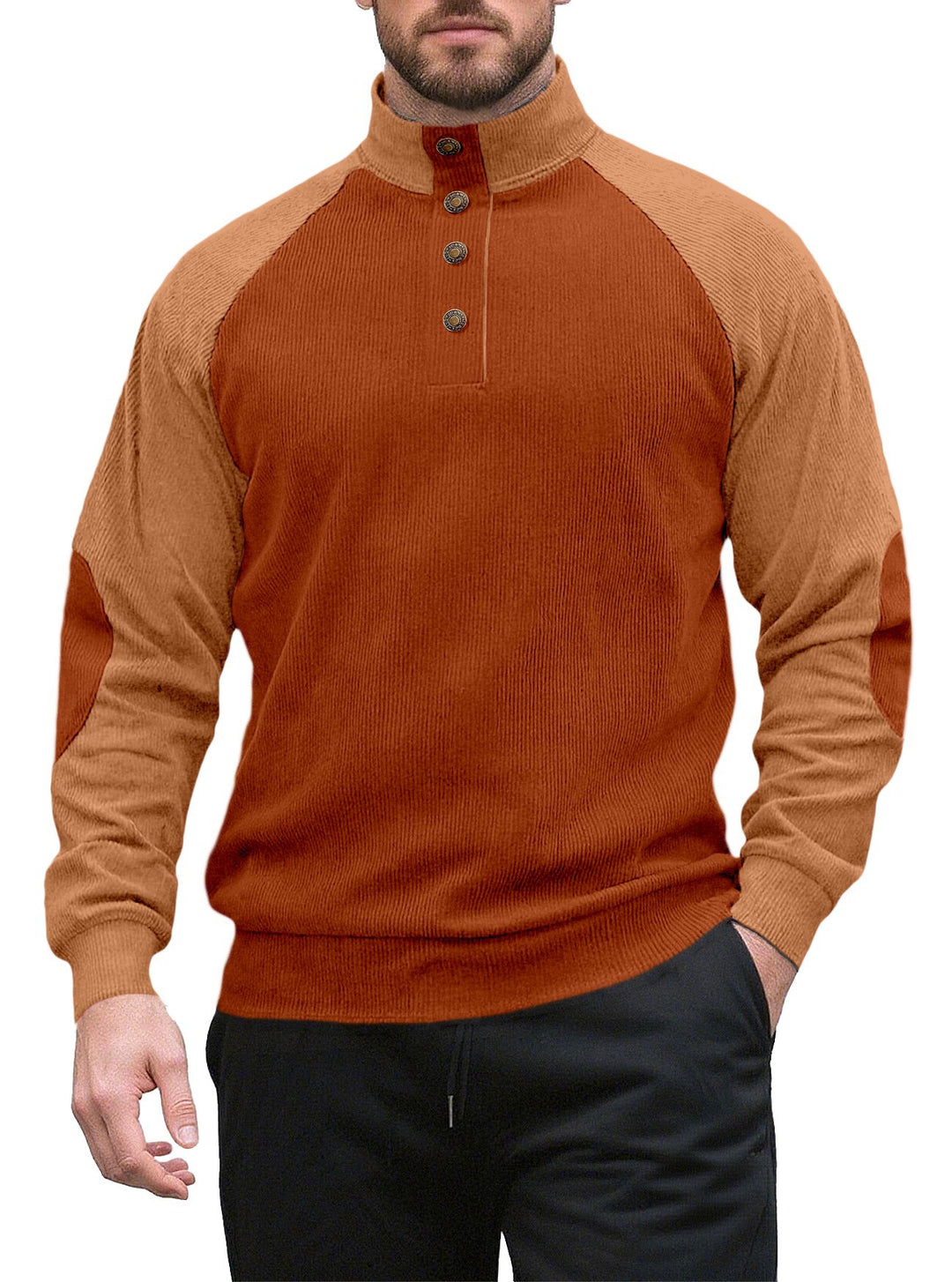 Men's two-tone ribbed troyer with asymmetrical button placket and velour elbow patches Mune Fashion