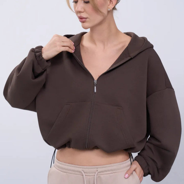 Women's casual cropped fleece hoodie with drawstring waistband, raglan sleeves and zip closure