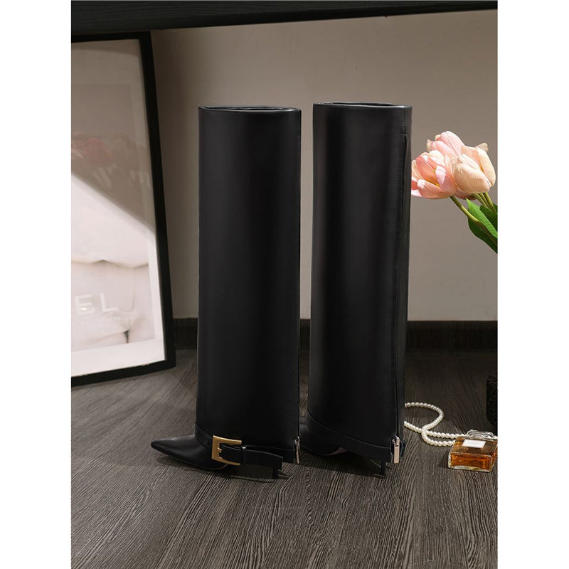 Women knee boots with pointed toe, slim shaft and decorative buckle application Mune Fashion