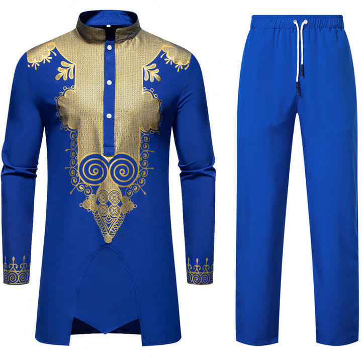 Men's Traditional Tunic Set with Mandarin Collar and Gold-Embellished Ornaments Mune Fashion