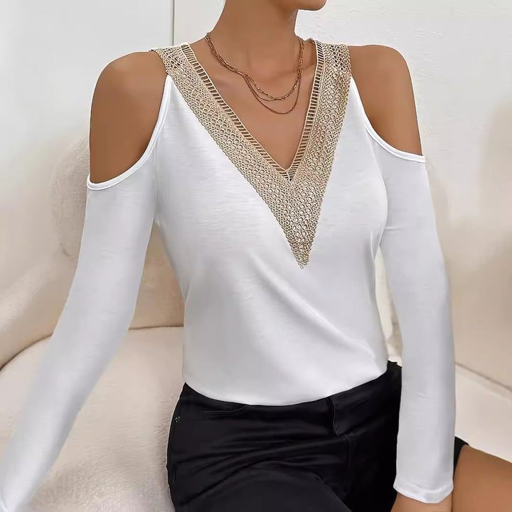 Women's long sleeve shirt with open shoulders and crocheted V-lace trim Mune Fashion
