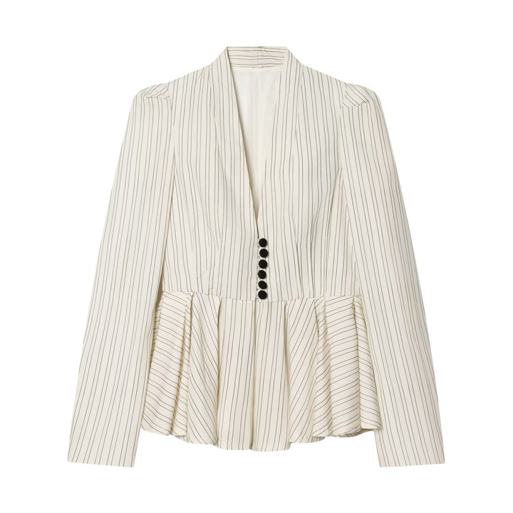 Ladies Tailored Pinstripe Blazer with Shawl Collar and Peplum Mune Fashion
