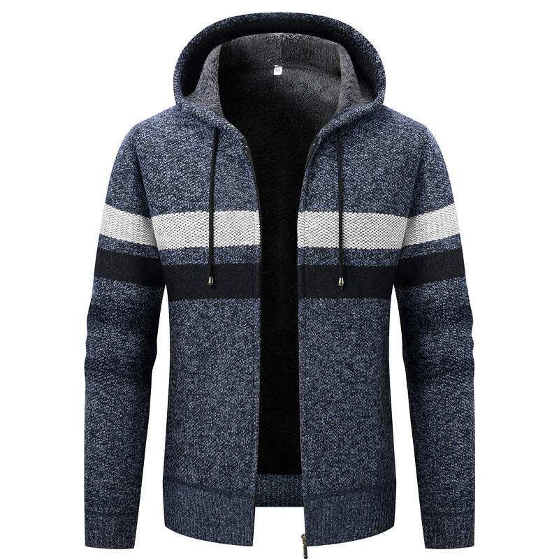 Men's knit zip hoodie with teddy lining, full-length zipper and block stripes Mune Fashion