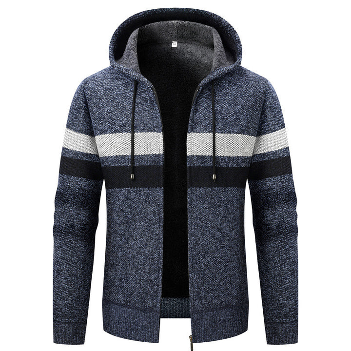 Men's knit zip hoodie with teddy lining, full-length zipper and block stripes Mune Fashion