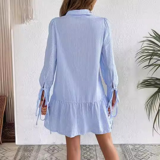 Women's Loose Shirt Dress with Fine Stripes, Ruffled Hem and Cuffs