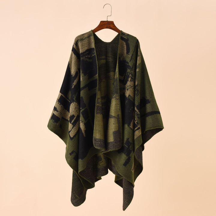 Women's oversized wrap robe made of wool blend with abstract jacquard and decorative stitch edge Mune Fashion